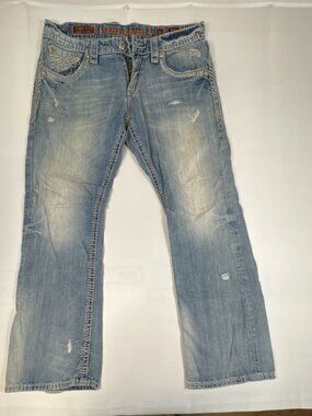 Rock Revival Men 36 Fabio Boot Cut Distressed Blue Jeans Buckle Exclusive